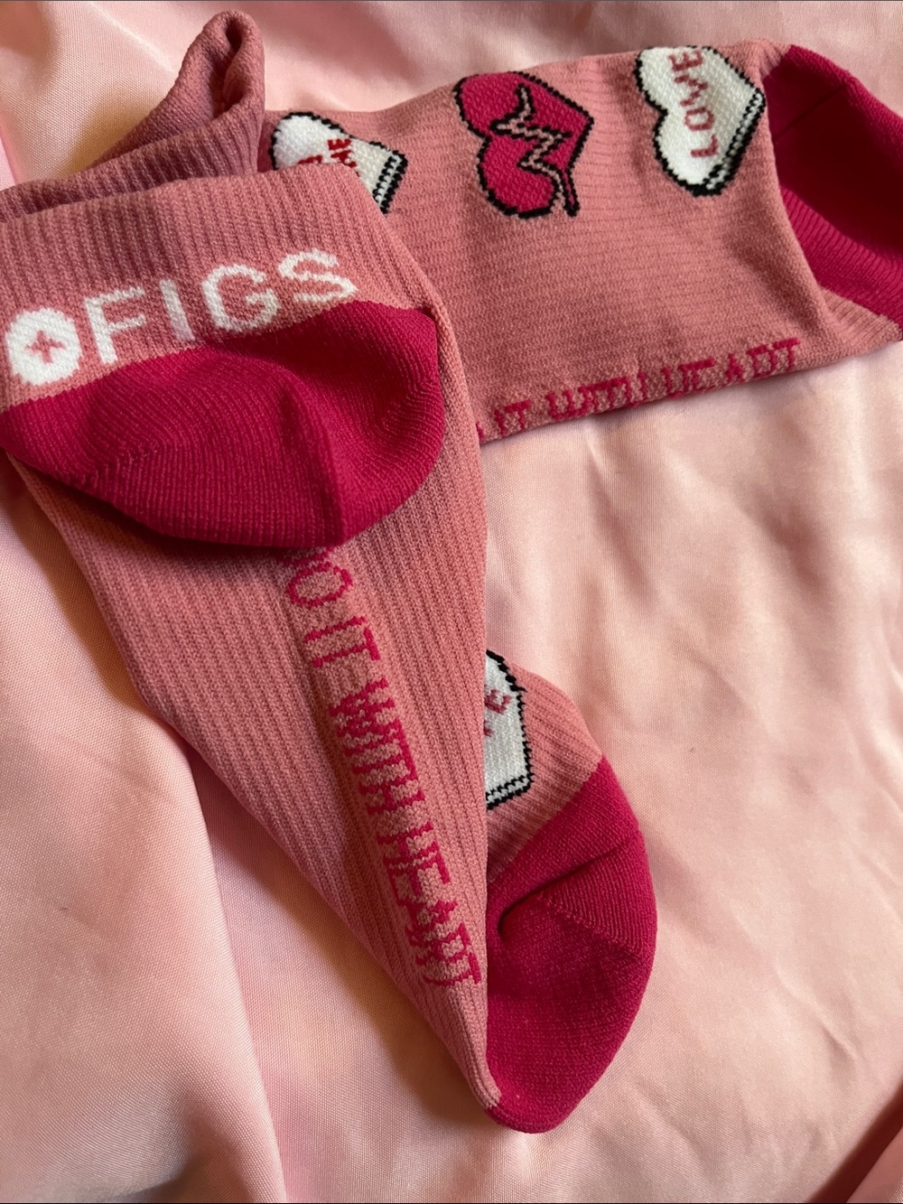 FIGS Pink Heart Crew Socks with Deep Pink Accents 2 pack